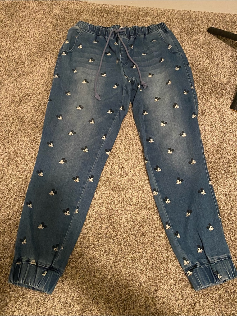 Women’s Blue Denim Jogger Jeans with Mickey Print Drawstring Size Large